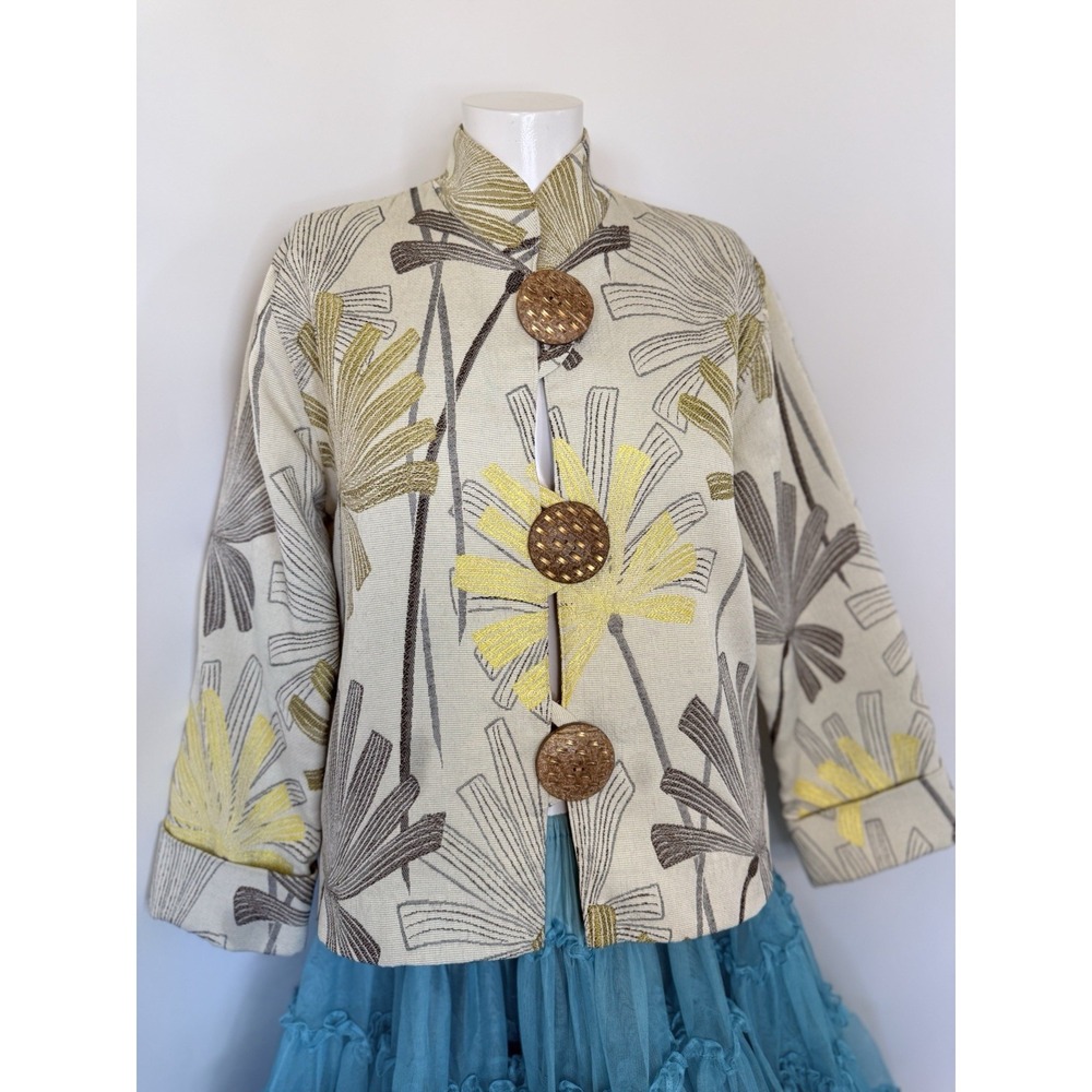 Caroline Rose Retro Chic Floral Jacquard A Line Jacket‎ Wood Buttons Size S USA